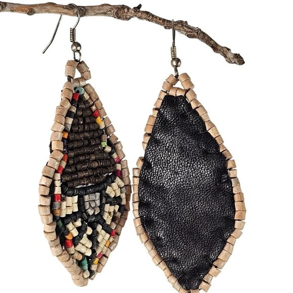 Wood Beaded Dangle Earings Leather Back Handmade Brown Multicolor Silver Tone - Picture 2 of 7